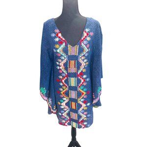 Judith March Boho Hippie Embroidered V-Neck Dress S Navy Bat Wing Sleeves Mini